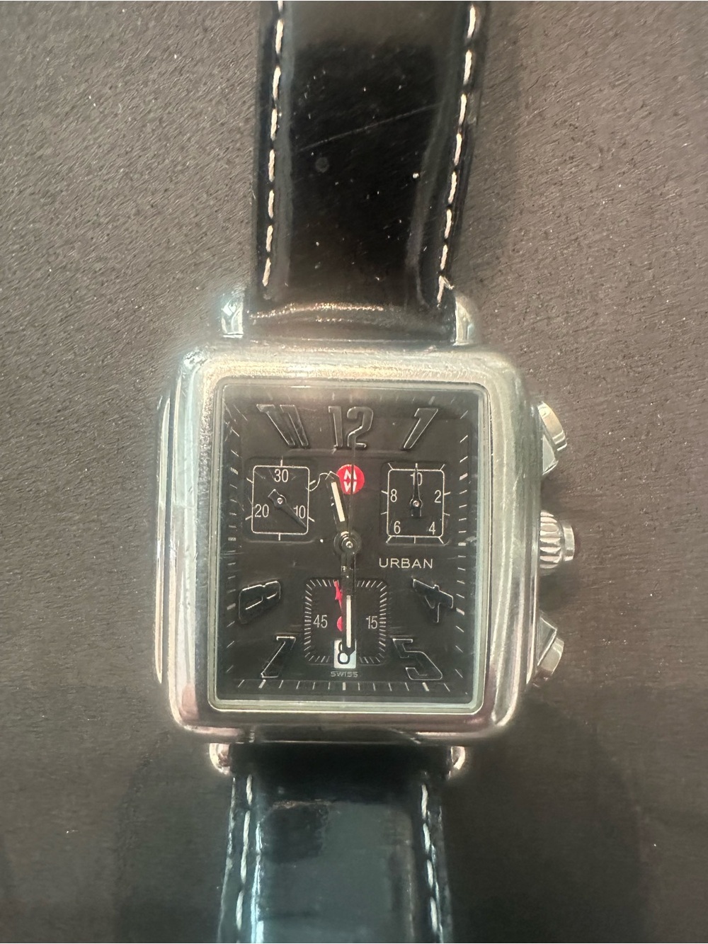 Michele Black Dial Silver-Tone Square Chronograph Watch